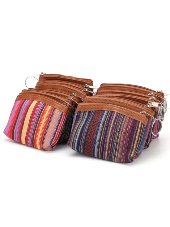 ⭐️ 5 for $25 Striped Woven Canvas Keyring Coin Pouch in Multicolor with Zipper - Picture 4 of 9